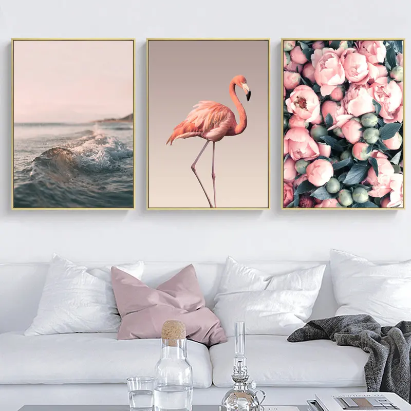 Nordijska Pink Flamingo Rose Platno Slikarstvo Skandinavskih Ocean Krajine Plakat Wall Art Tiskanje Fotografij za Dnevni Sobi Doma Dekor