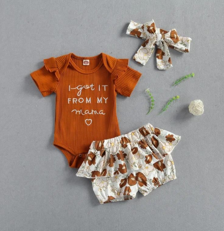 Nov Baby Dekleta 3-kos Obleko Nastavite Kratek Rokav Pismo Tiskanja Romper+Cvjetnim Tiskanja Hlače+Glavo Set