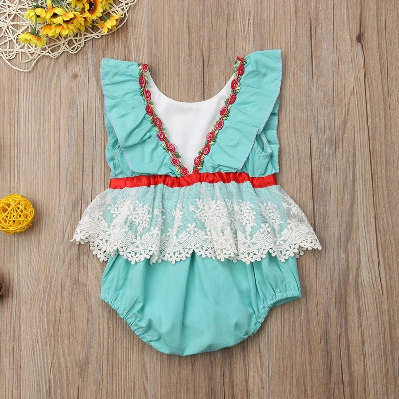 Novorojenega Dojenčka Baby Dekle Cvjetnim Natisne Čipke Natisnjeni Romper Jumpsuit Obleko Oblačila Starost 0-24M