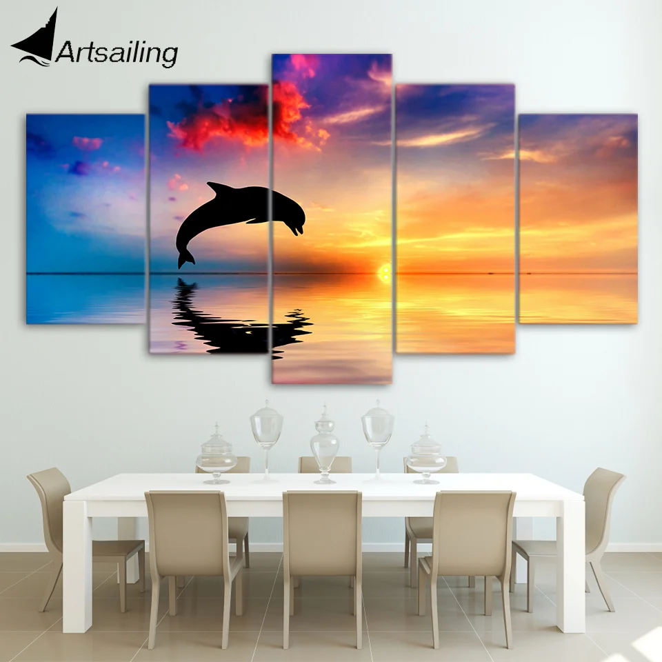 5 Kos Slikarstvo wall art dolphine sunset ocean seascape slikarstvo stenske slike za dnevna soba okvir platno umetnosti ny-752