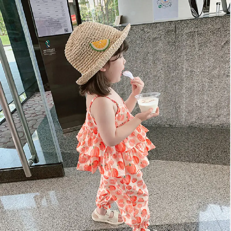 Gooporson Poletje Otroci Oblačila Paradižnik Natisnjeni Moda korejski Malo Dekliška Oblačila Sklop Sonce-top&hlače Otrok Plaži Obleke