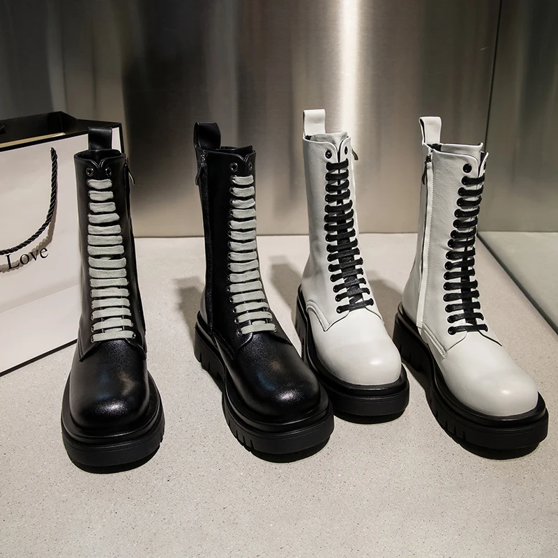SKLFGXZY Evropske Martin škornji Ženski škornji Pravega usnja, črna bela Ženske čevlje Jesen zima Ženske čevlje Velikost 34-40