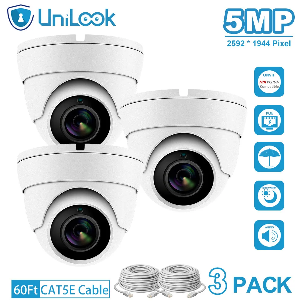 UniLook 5MP POE IP Kamera zunanja Zvoka Vgrajen Mikrofon Hikvision IP CCTV Varnosti Kupolo Dome Kamera H. 265 3PACK Bela