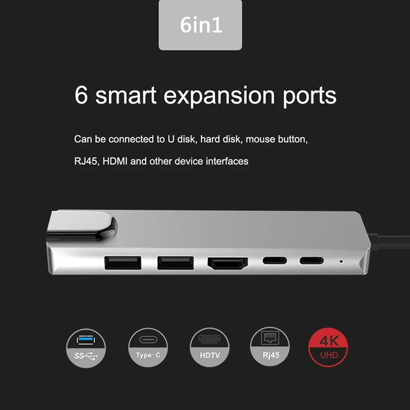 VROČE-USB C Hub 6 v 1 Multiport Adapter s PD Moč Dostave, 4K HDMI Izhod, 2 Vrata USB, Tip-C HDMI/87WPD RJ45 Zvezdišča