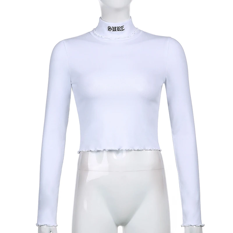 IAMSURE Turtleneck Bele Majice Dolg Rokav Tees Ženske 2021 Slim Obreži Zgoraj Priložnostne Ulične Jesen Zimo Znak za Vezenje