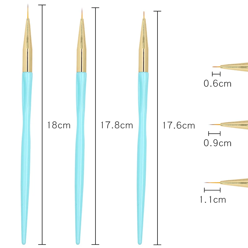 3pcs/set nail art linijskih slikarski čopič 6/9/11 mm modre barve za risanje cvet svinčnik super fine Akril UV Gel Peresa DIY nasveti MZ095