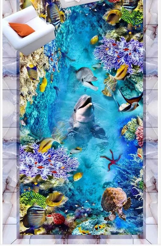 Sodobna nalepke, 3D tla Sea world delfini in želve Zidana-3d PVC Ozadje samolepilne Tla Ozadje-3d