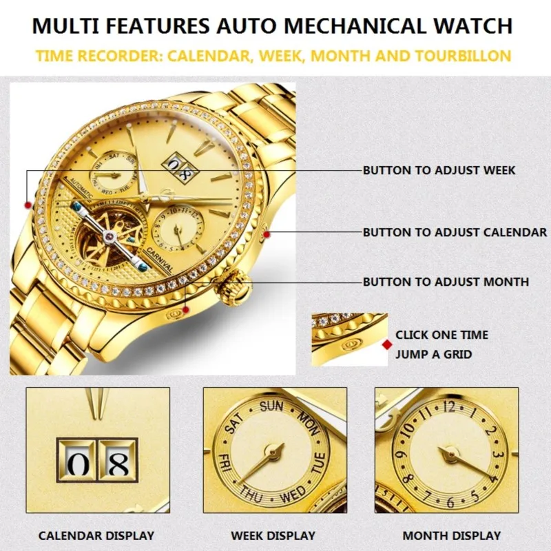 KARNEVAL Luxury Gold Business Mens Ure Top blagovne znamke Samodejni Watch moških Tourbillon Celoten koledar Svetlobna Mehanska ura