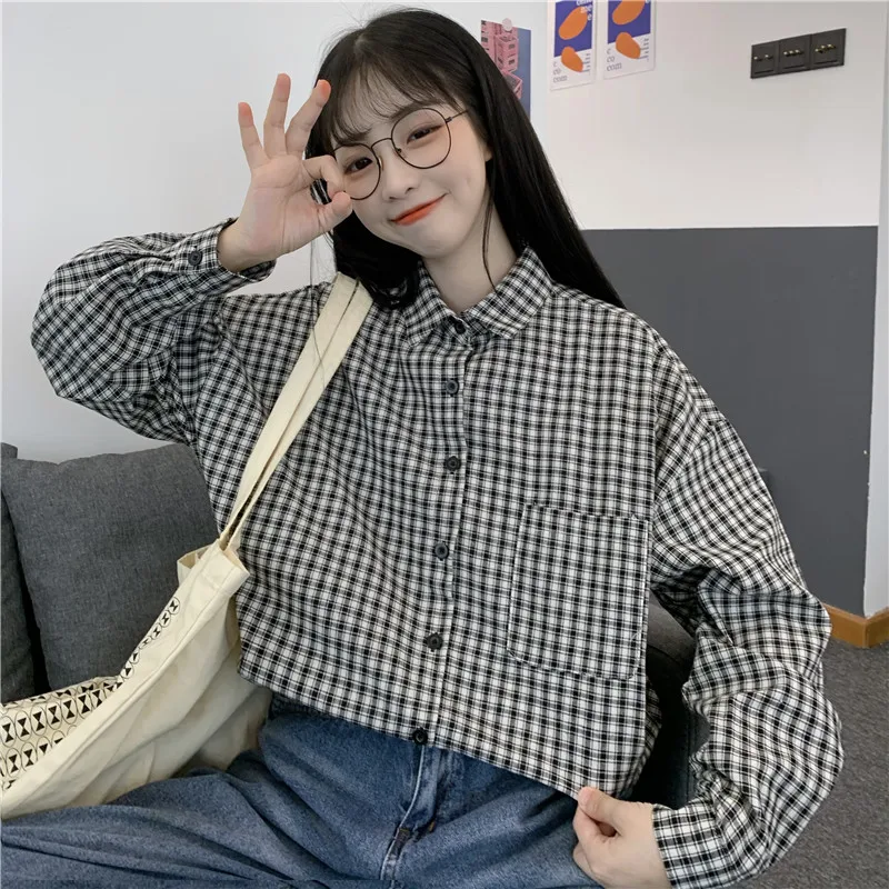 Japonski Majhne Kariran Pomlad ženska Majica River Dolg Rokav Študent Dekle Moda Retro Majica Fant Žep Elegantno Bluzo Ženske