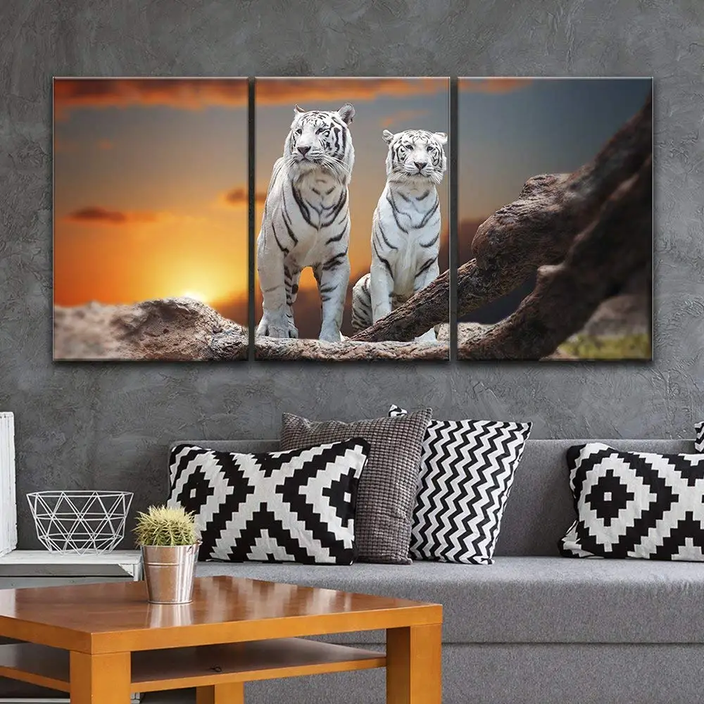 3 Plošča Platno Wall Art - Dve Beli Tigri, ob sončnem zahodu Čas, Tisk na Platno, ki je Pripravljen, da Visi Padec ladijskega prometa