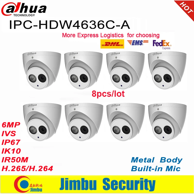 Dahua IP Camer 6MP IPC-HDW4636C-A 8pcs/ veliko Kovinsko ohišje H. 265 Built-in MIC IR50m IP67 IK10 Dome Kamera Ne POE Smart Odkrivanje