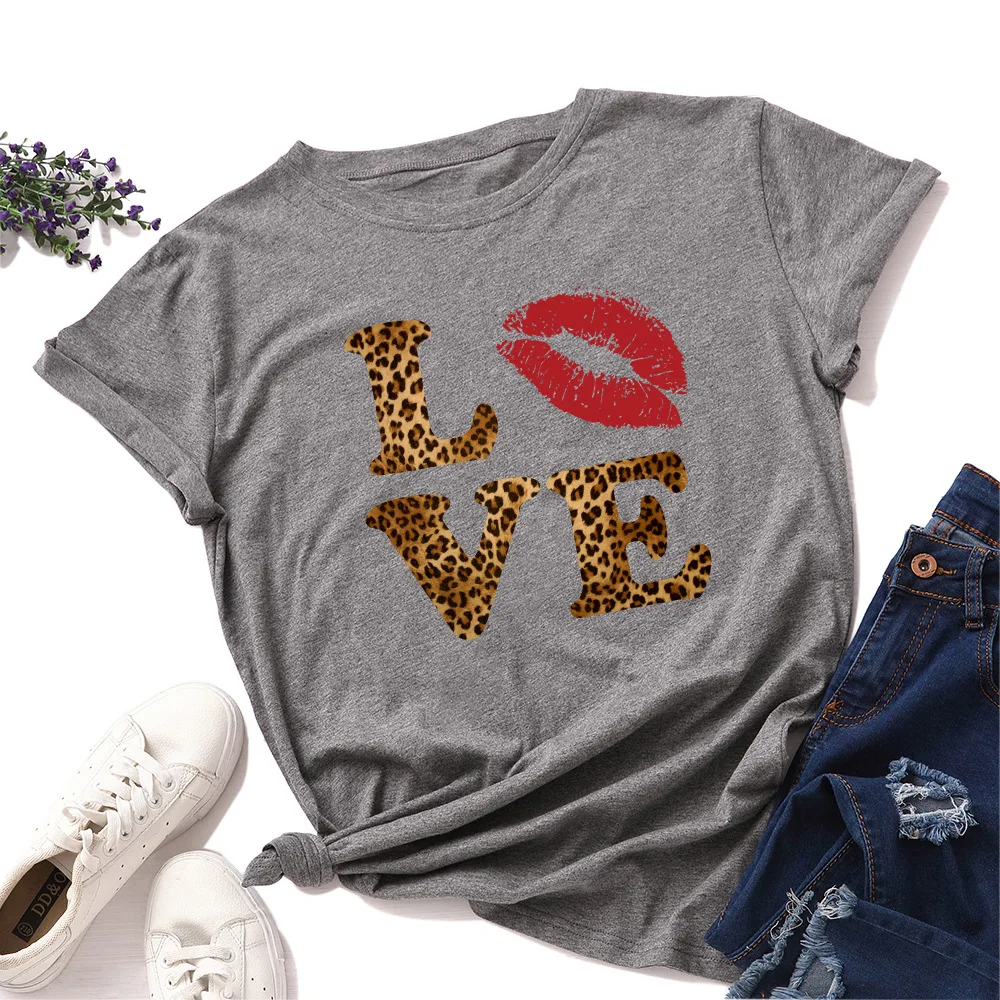 Ženske Ljubezen Rdeče Ustnice Natisni T-shirt Oversize Cotton Tee Modi Leopard Tiskanja Tshirts Poletje Priložnostne Harajuku TShirt Ženske Svoboden Vrhovi