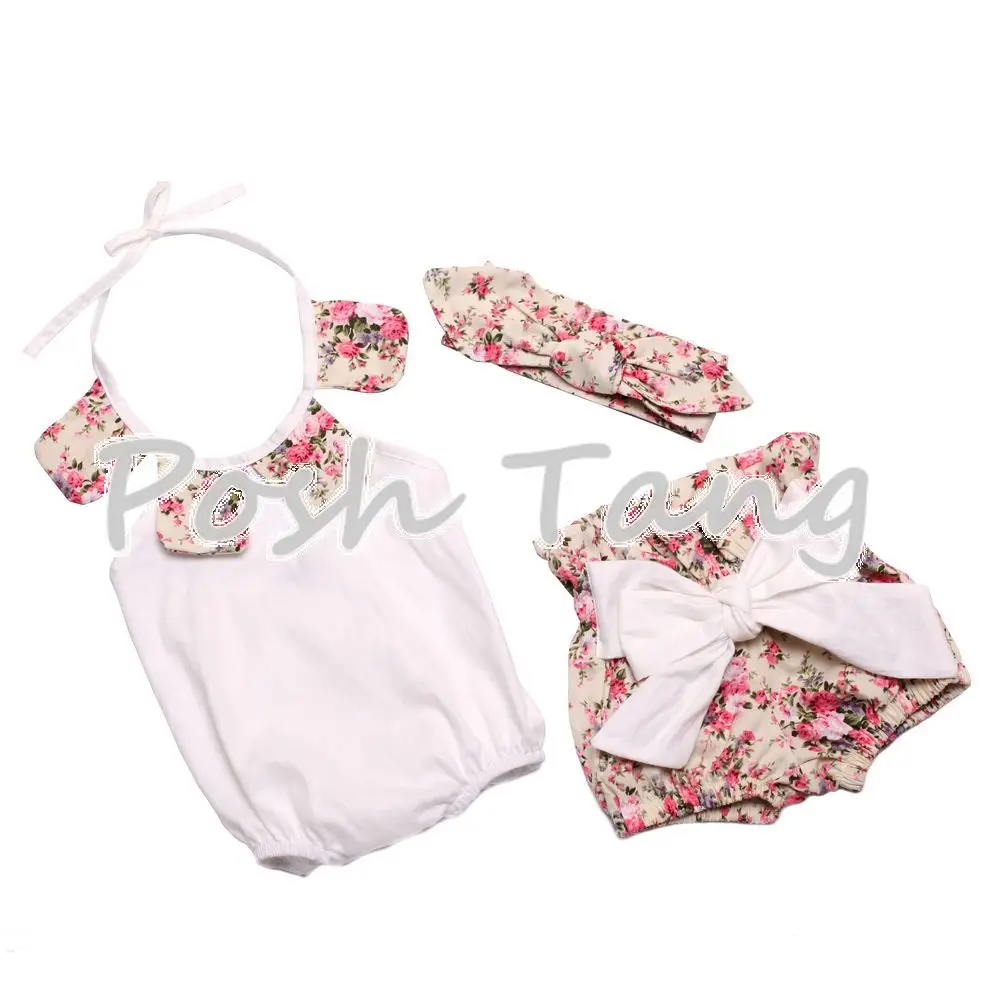 Nov prihod baby toddler poletje butiki baby dekleta letnik cvetlični ruffle vratu romper krpo z lokom vozel hlače glavo