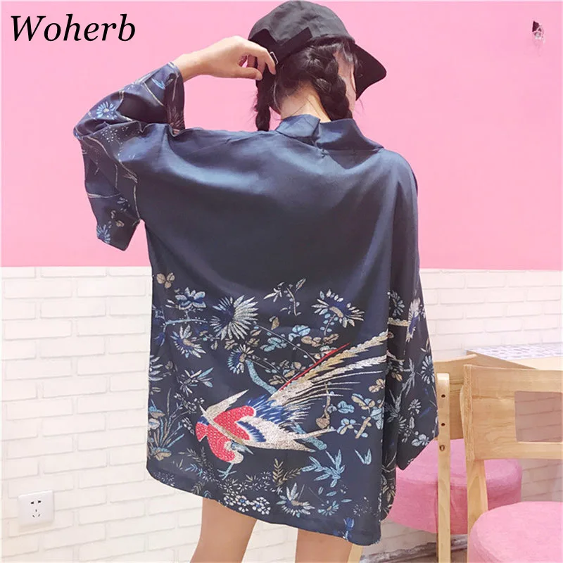 Woherb 2021 Poletje Letnik Japonski Kimono Style Shirt Tiskanje Boho Cvet Blusas Gospe Priložnostne Vrhovi Harajuku Srajce 20870