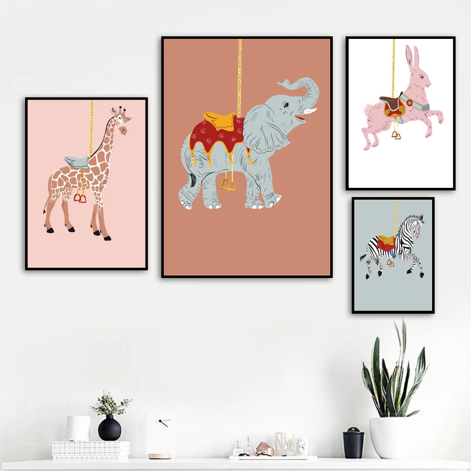 Platno Slikarstvo Risanka Ilustracije Vrtiljaka Zebra, Žirafa Wall Art Nordijska Plakatov In Fotografij Stenske Slike Za Otroke Doma Dekor