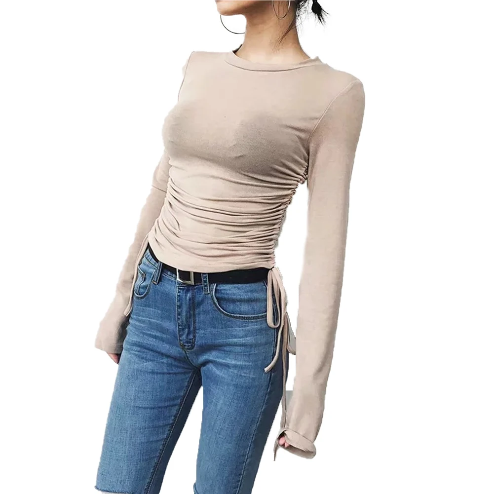 Ženske Padajo Dolgo Sleeved Bodycon Top Majica Barva Zavit Elastična Priložnostne Stranka Bluze Krog Vratu Naguban Čipke-up Oblačila