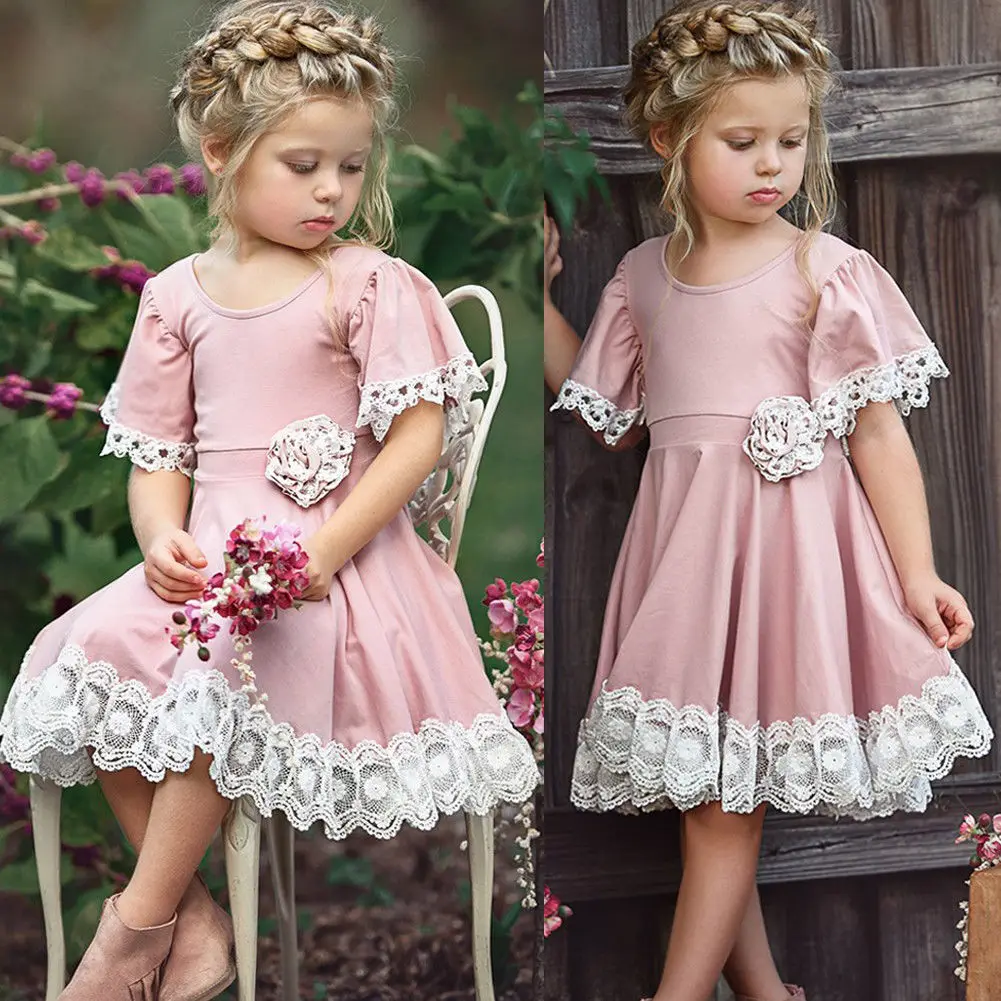 Malčka Otroci Baby Dekle Sladko Princesa Obleko Kratek Flare Rokav Priložnostne Obleko Čipke Cvetlični Stranka Pageant Obleke