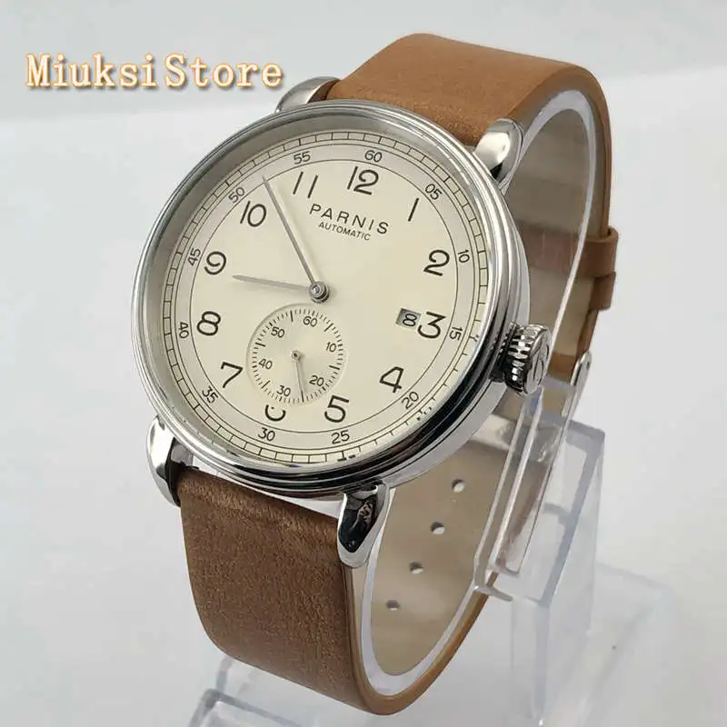 42mm top blagovne znamke Parnis moške nova mehanska ura srebrna primeru, datum usnje samodejno moda darilo ure 2962