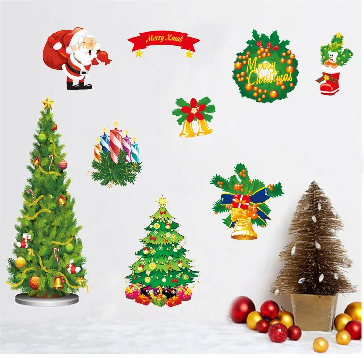 Božično drevo bell Santa Claus risanka počitnice stenske nalepke, otroška soba dekoracijo doma ozadje okno nalepke D945