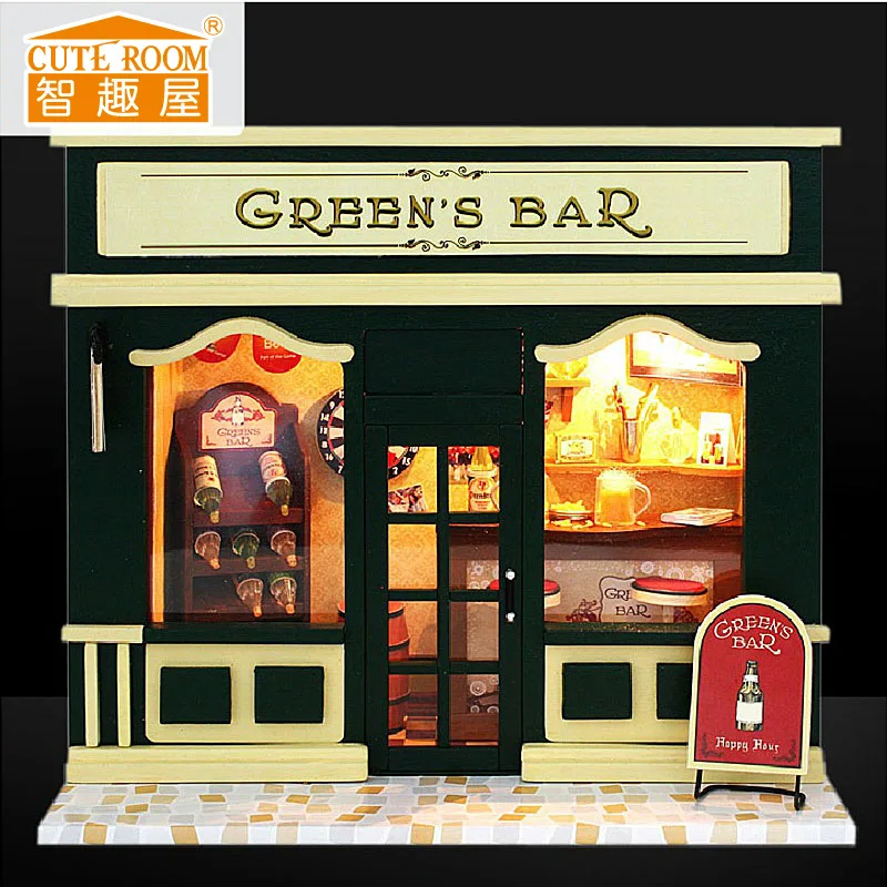 Lepe Sobe Diy Lutka Hiša Puppenhaus Brithday Miniaturnega Pohištva Hiša Igrače za Otroke, Lesena Hiša Igrače -green ' s Bar