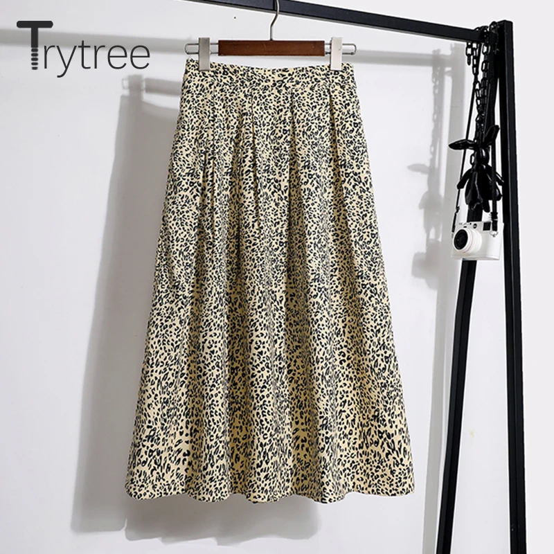 Trytree 2020 Pomlad Jesen Priložnostne Žensko Krilo Leopard Moda Elastični Pas A-linija 3 Barve Mid-Tele Svilnato Urad Dama Krilo