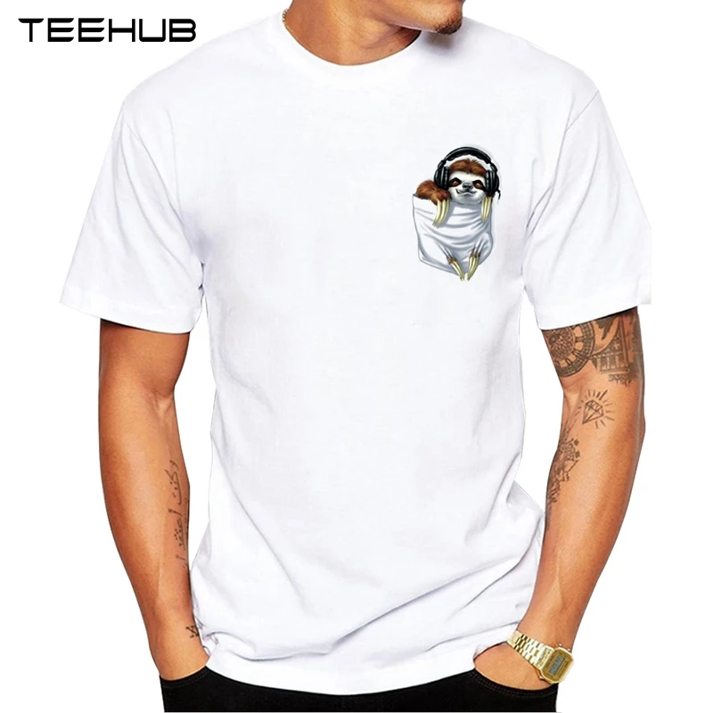 Novi modeli 2019 TEEHUB Kul Design, Moda za Moške Malo Žep Lenivec Natisnjeni T-Shirt Kratek Rokav O-vrat Vrhovi Hipster Tee