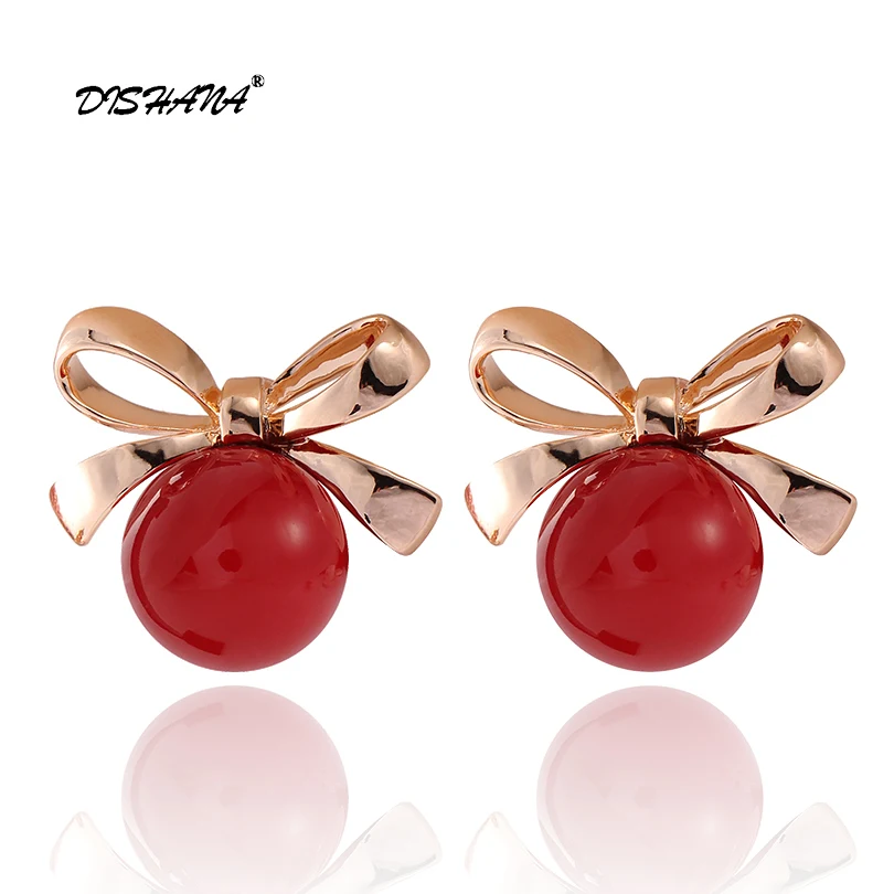 14 mm Rdeča Simulirani Pearl Ženske Modni Spusti Uhani Rose Gold-Barva 23,5 mm Bwoknot Visijo Earing Vroče E0514