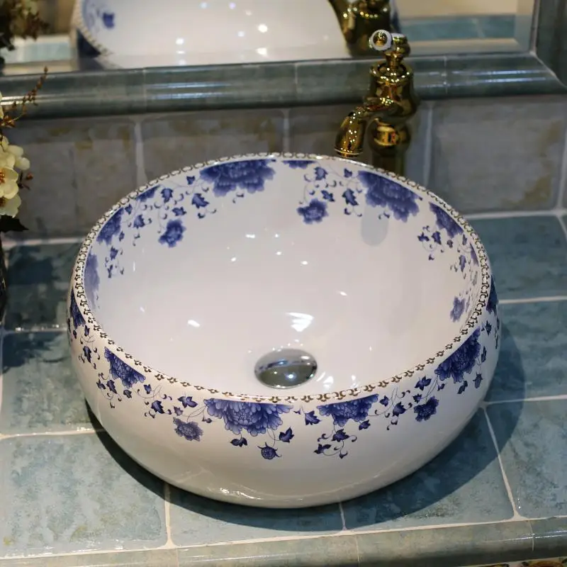 Modra in bela Evropi Vintage Stilu, Kitajska Ročno Lavabo Umivalnik Umetniške Kopalnico Umivalnik keramični bazen letnik porcelana korito