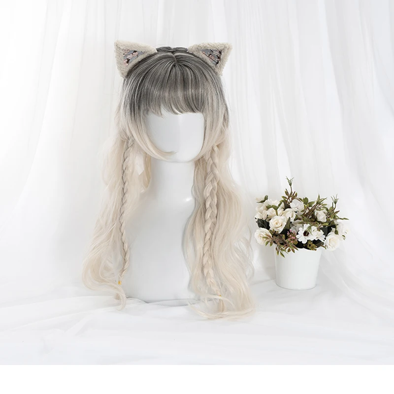 Priljubljena Lolita Lep Cosplay Lasulje Toplotno Odporen Sintetičnih Las Črna Bela Gradient Dolgo Ohlapno Val Las+prosti lase skp