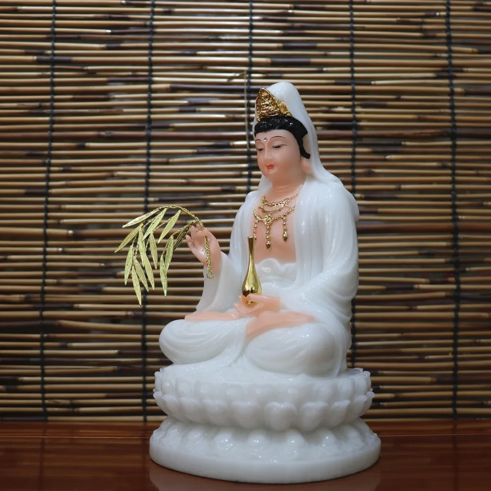 22 CM VISOK - visoko-kakovostni Domači Dvorani učinkovita Talisman Maskota Boginja Guanyin Buda Avalokitesvara belega jade Kiparstvo kip