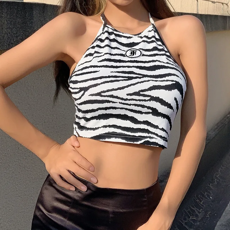 2020 Modni Trend Žensk Cami Cisterno Vrh Stilsko Zebra Print Posadke Vratu Povodcem brez Rokavov Kravato Nazaj Camisole Vgradnjo Sonce-Vrhovi