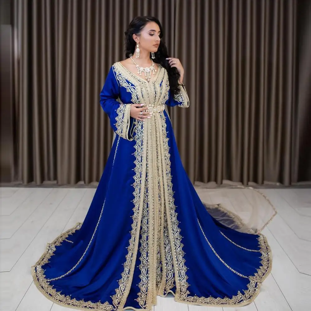 Royal Modra Velur Maroški Tam Kaftan Vezenje Večerne Obleke Čipke Aplicirano Arabski Muslimani Posebne Priložnosti Halje Z Sodišče Vlak