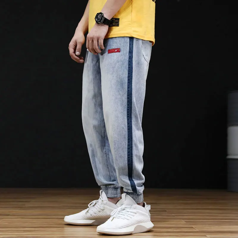 Japonski Vintage Moda Za Moške Jeans Ohlapno Fit Svetlo Modra Trak Oblikovalec Denim Tovora Hlače Ulične Hip Hop Kavbojke Moški Joggers