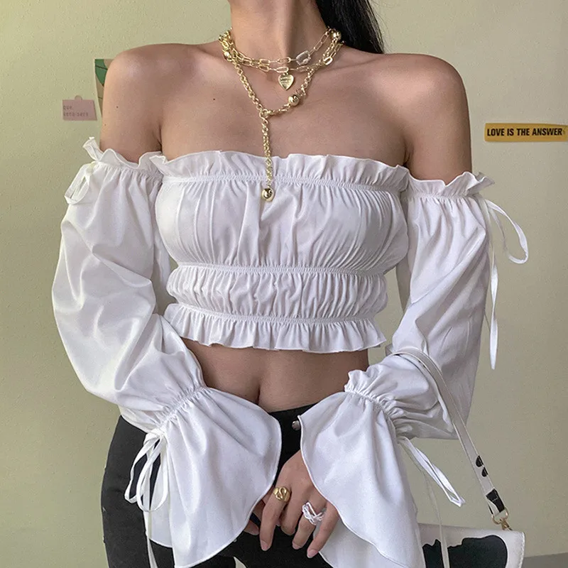 Moda Belo Šifon Bluzo Majica Izklop Ramenski Seksi Crop Tops Ruffles Potegnite Sleeve Solid Color ženska Majica 2020 Pomlad