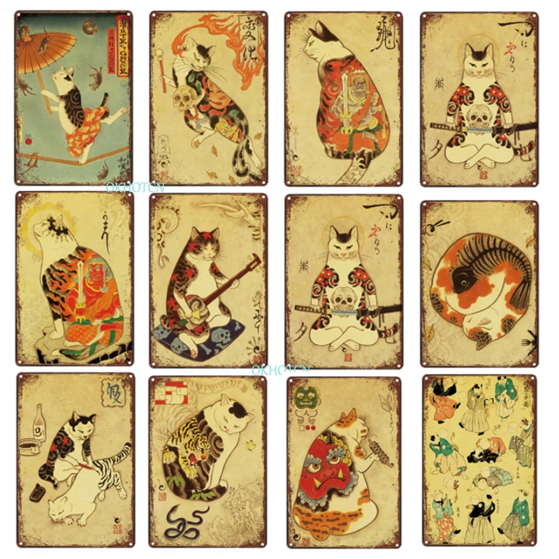 Japonski Slog Mačka Kovinski Tin Srčkan Znak Risanke Živali Ploščo Letnik Železa Plakat Plošče Wall Art Okras za Restavracijo Soba