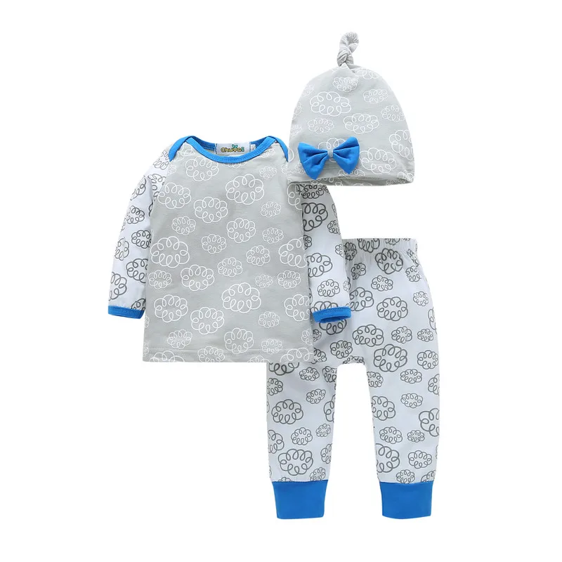 Newborn Baby Girl Obleke 3pcs Bombaž Udobno Dolg Rokav Tiskanja Vrhovi+hlače+lok Pokrivalo Jeseni, Pozimi Dojenček Fant Obleke 6-18 M