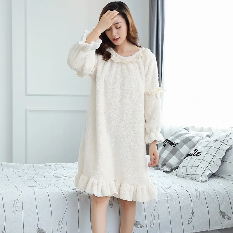 Nove ženske Nightgown jeseni, pozimi debelo, dolgo sleeved Sleepshirts Sleepwear Ženski zgosti coral runo tkanine spanja obleko
