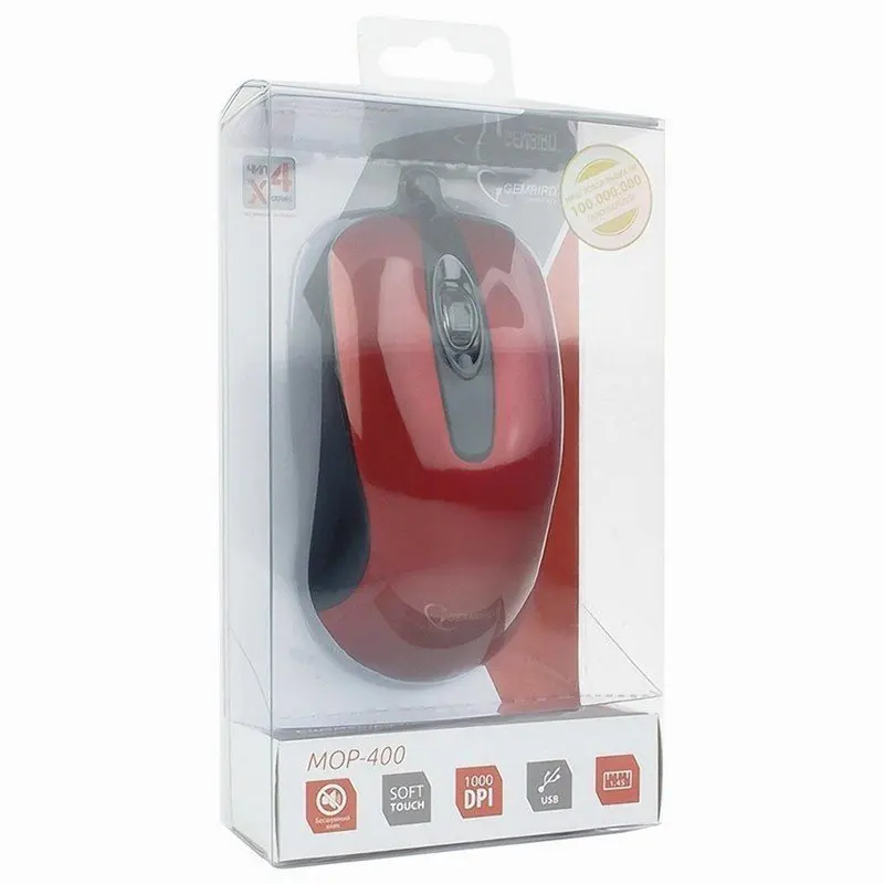 Miš žični tiho gembird mop-400-r, USB, 2 gumba + 1 kolo-gumb, Rdeča