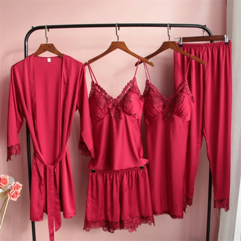 Nove Ženske Pižame Komplet 5 Kosov Seksi Saten Sleepwear bo Ustrezala Pomlad Poletje Homewear M L XL XXL