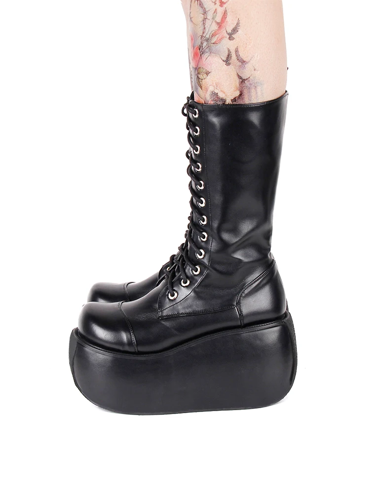Platforma Močen Petah 10 cm Visoke Pete, Škornji Ženske Japonski Punk Gothic Črna Kratka Lolita Čevlji Čipke Debelo Dno Goth Lolita