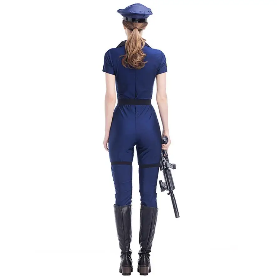 M-XL Ženske Policija Kostum za Odrasle Halloween Cosplay Policist Enotno Seksi Globoko V Vratu Modra Policewomen Jumpsuit