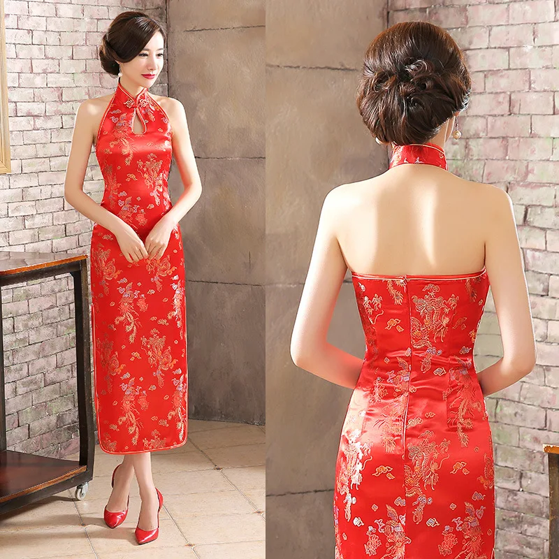 Backless Slim Ženske Dolgo Cheongsam Zmaj Kitajski Tradicionalni Obleko za Stranko Poroko Compere Obleke Letnik Qipao Obleko 90