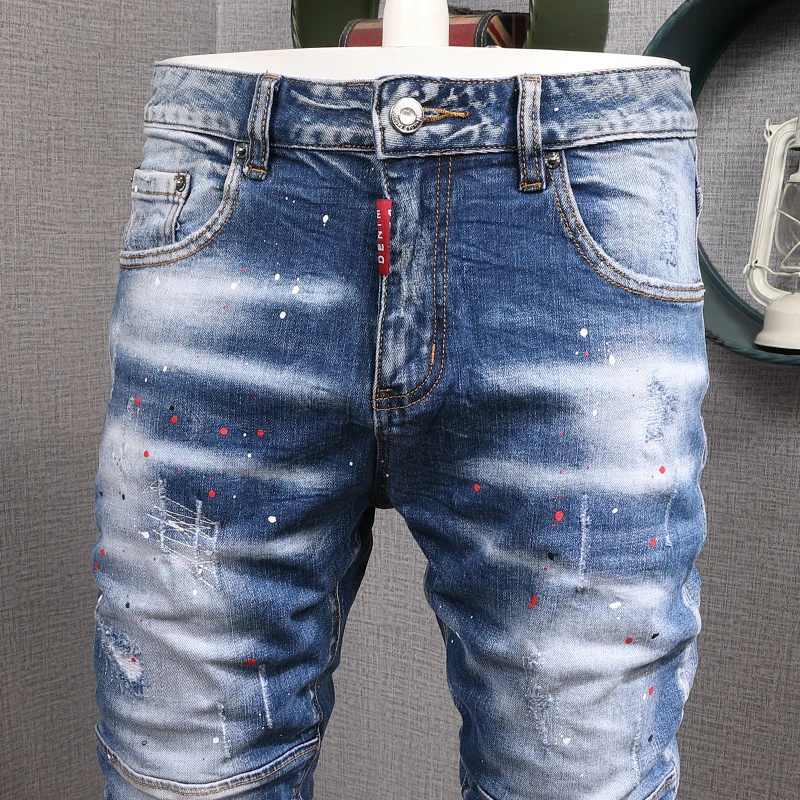 Italijanski Modni Stil Moške Jeans Modra Barva Elastična Slim Fit Slikarstvo Ripped Kavbojke Ulične Letnik Oblikovalec Denim Svinčnik Hlače