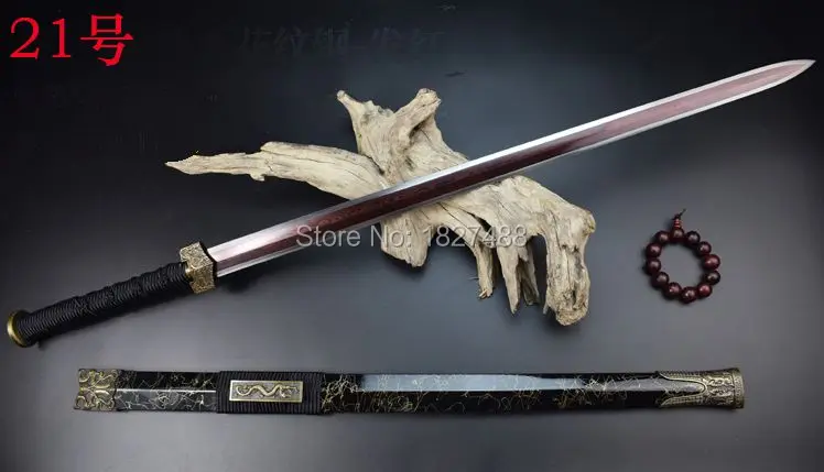 Ročno izdelana Kitajski Wushu Meč KungFu Han Jian Rdeče Zložiti Damask Jekla Rezilo iz Trdega lesa Ročaj & Scabbard