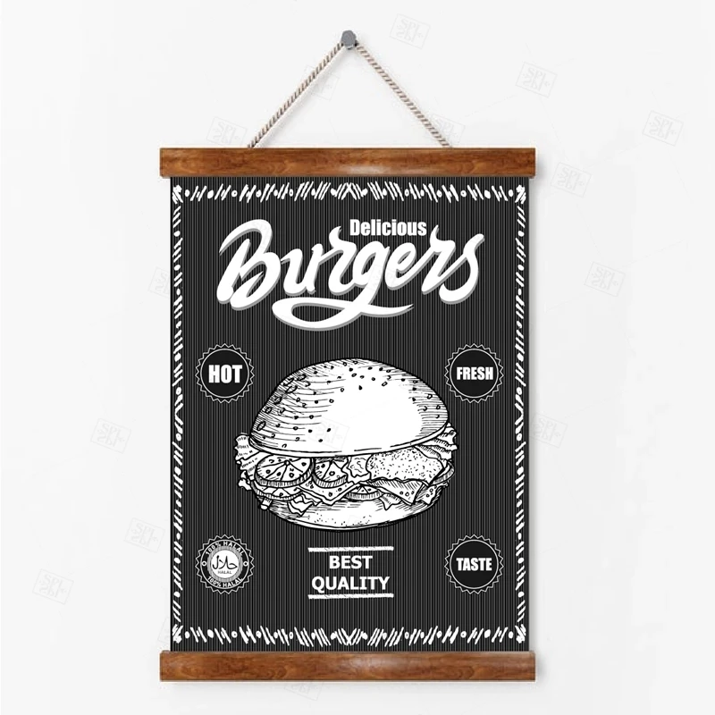 Burger Meni Hrane Skica Platno Plakatov in Fotografij Črno Bele Slike Restavracija Hamburger Trgovini Wall Art Dekor Platno Slikarstvo