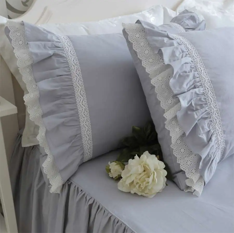 Princesa ruffles trdna sivo posteljni set,bombaž twin polno kraljica kralj,eno dvojno domačega tekstilnega vzglavnik odeja kritje posteljo krilo