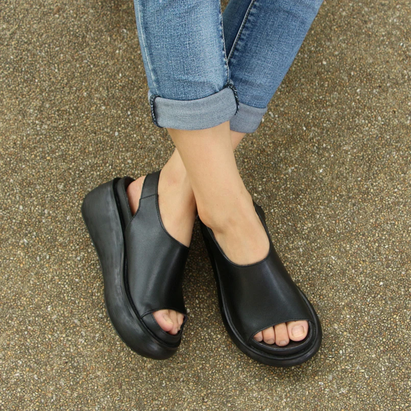 Poletni sandali ženske čevlje pravega usnja debele pete platformo sandali za ženske, ročno retro ženske sandale flip flop