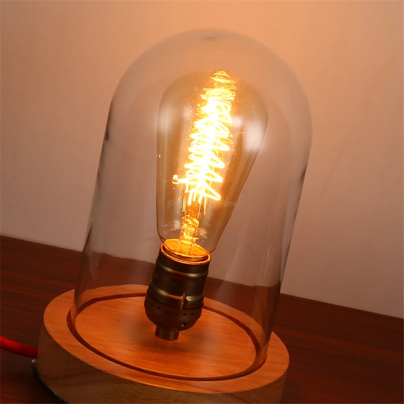 Vintage Lesa Tabela Luči Edison Žarnice s Steklenimi Lampshade Mansarda Slog Poleg Svetilke Namizne Luči za dnevno Sobo