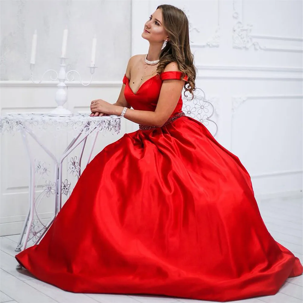 YUNUO Off Ramenski Prom Obleke Long-line Rdeče Elegantno Saten Formalno Večerno Obleko haljo de soiree z Žepi Dolžina Tal