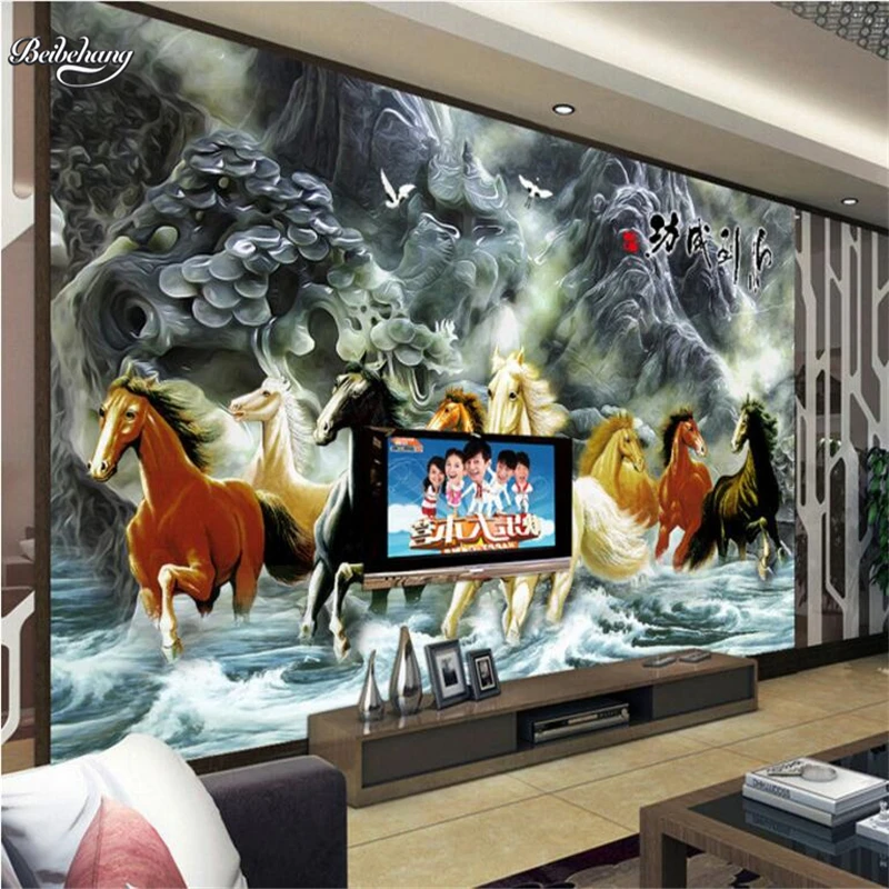 Beibehang Konj za uspeh reliefni freske TV ozadje po meri, veliko fresko netkanih materialov super zeleno ozadje